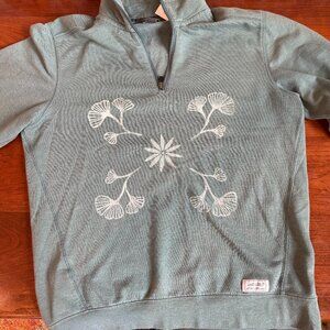 Eddie Bauer Light Teal Floral Gingko Leaf Printed Half-Zip Pullover Sweatshirt